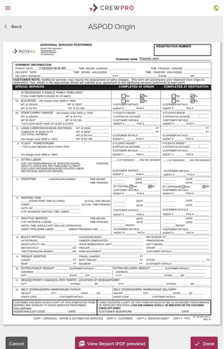 Digital inventories for moving companies: CrewPro origin document on tablet