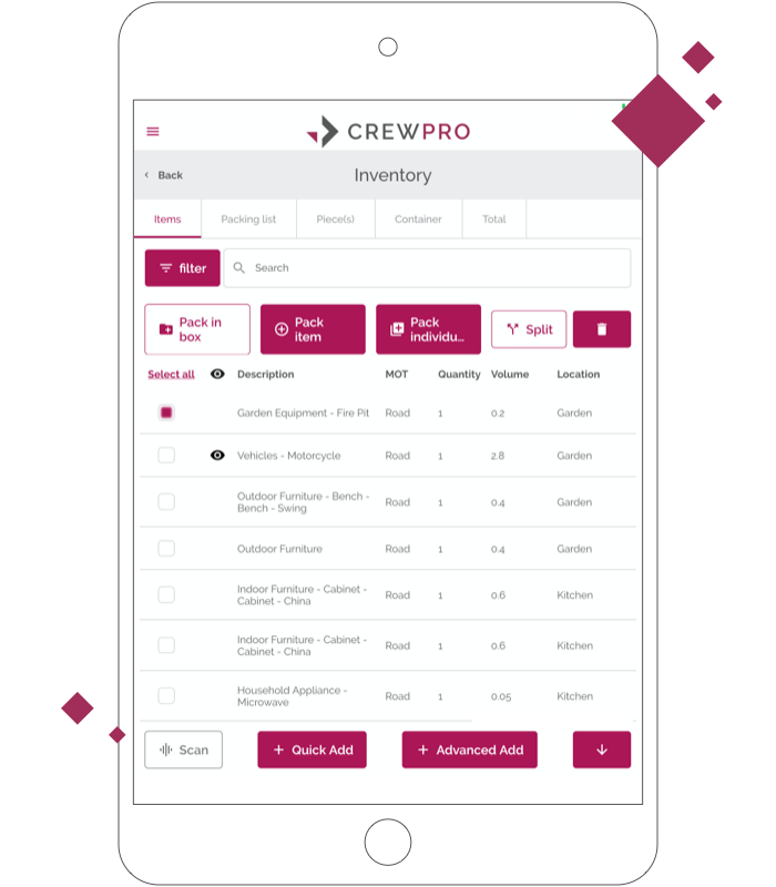 CrewPro inventory screen with items, volumes and locations