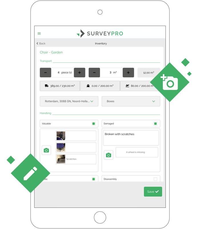 SurveyPro inventory item with damage photos and notes