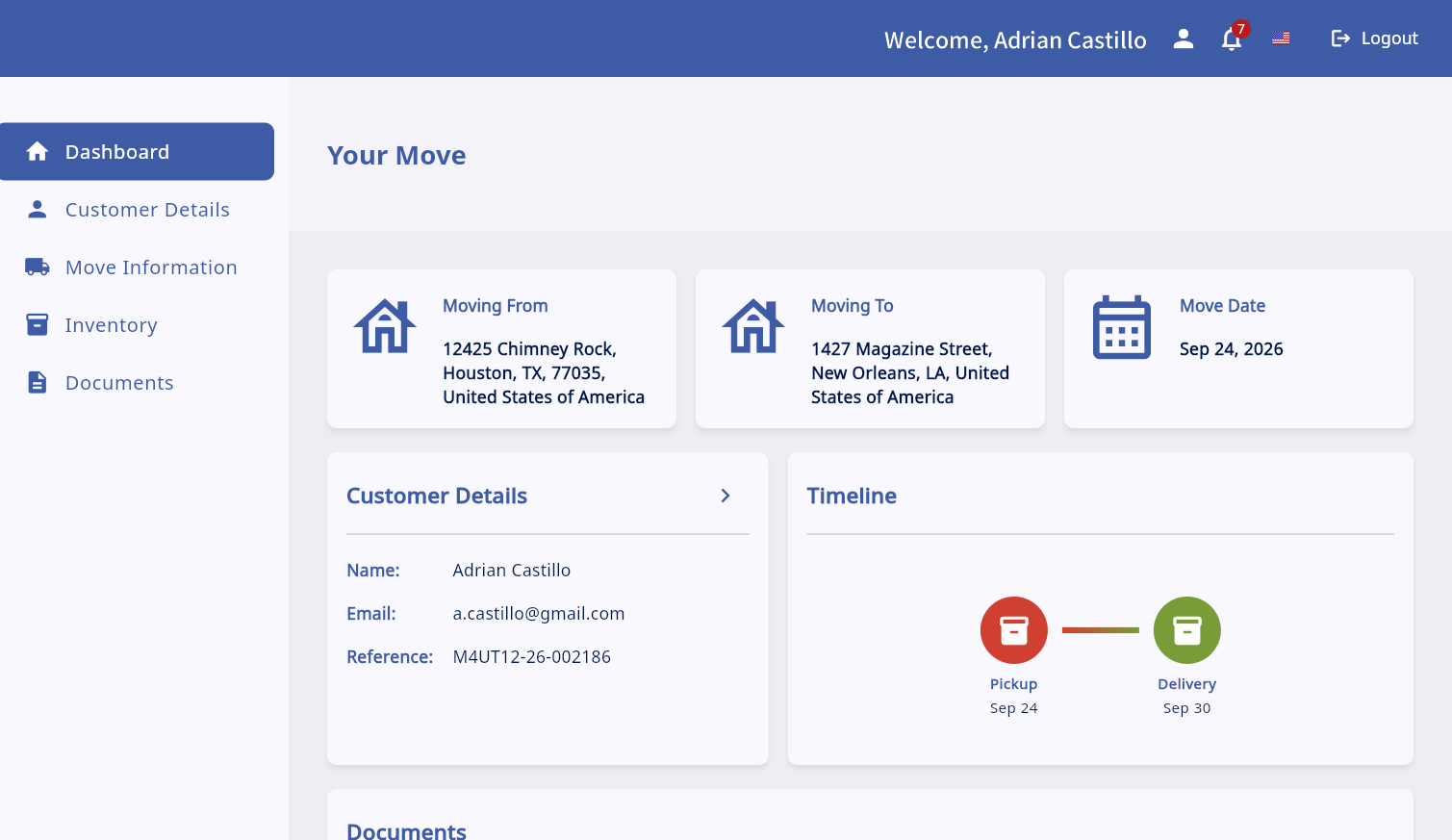 MovePortal dashboard showing the move addresses, move date, customer details and timeline