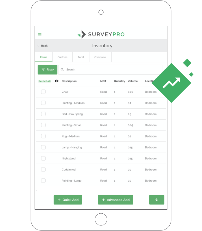 SurveyPro inventory screen with Quick Add and Advanced Add buttons