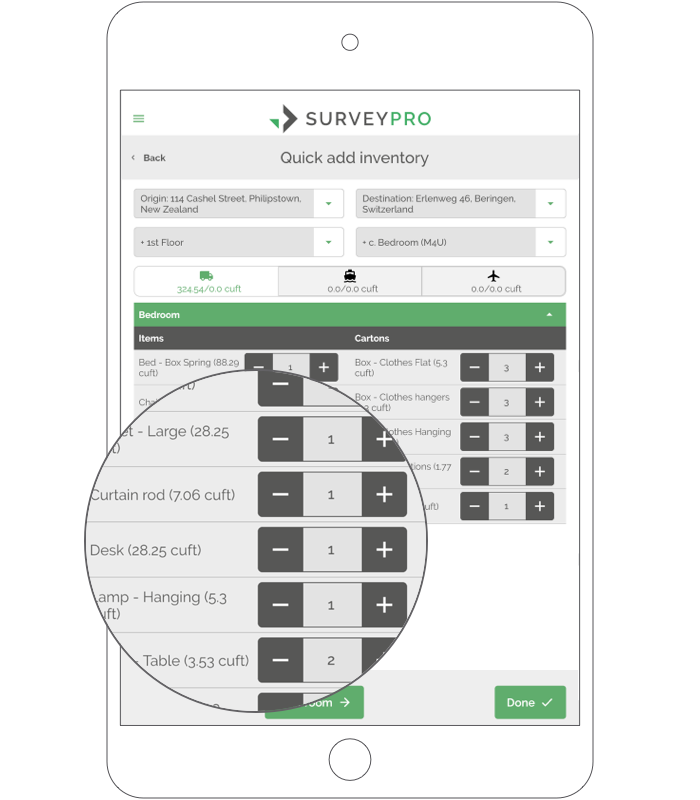 SurveyPro quick add inventory for a bedroom, with item volumes in cubic feet