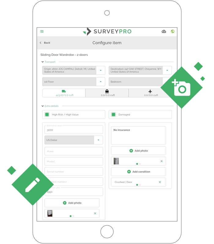 SurveyPro configure item screen with item photos, a damage photo and the condition Crushed Door