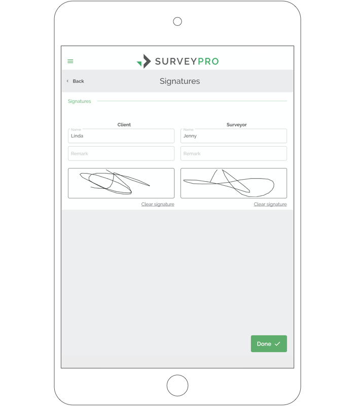 Customer and surveyor signatures on the SurveyPro signature screen