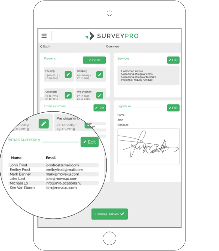 SurveyPro move overview with planning, services and signature before finalizing the survey